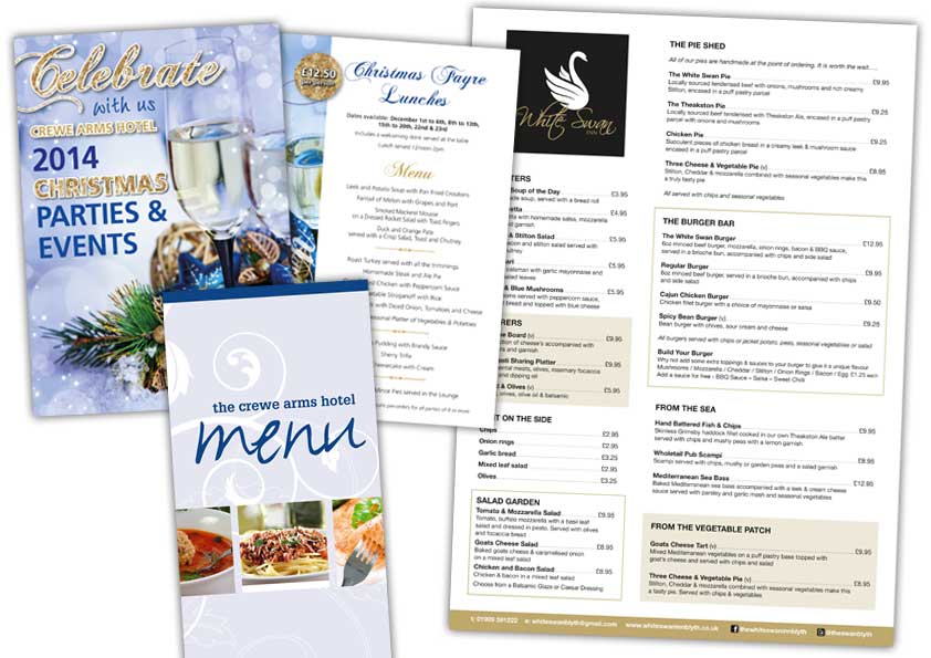 Printed menus can be laminated and printed in any shape and size or even made into a bruchere such as the christmas fayre menus.