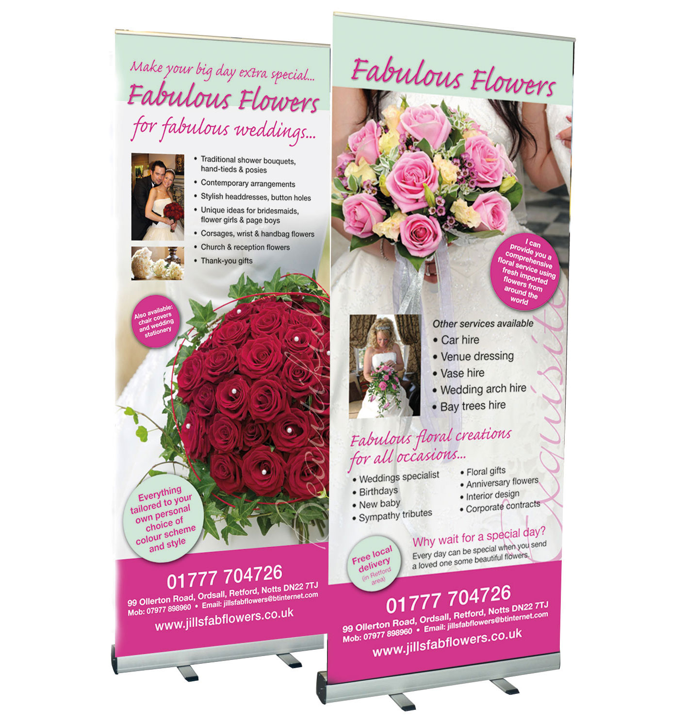 Roll up banners for wedding fayre, exhibition, trade stall etc. designed and printed in Retford 